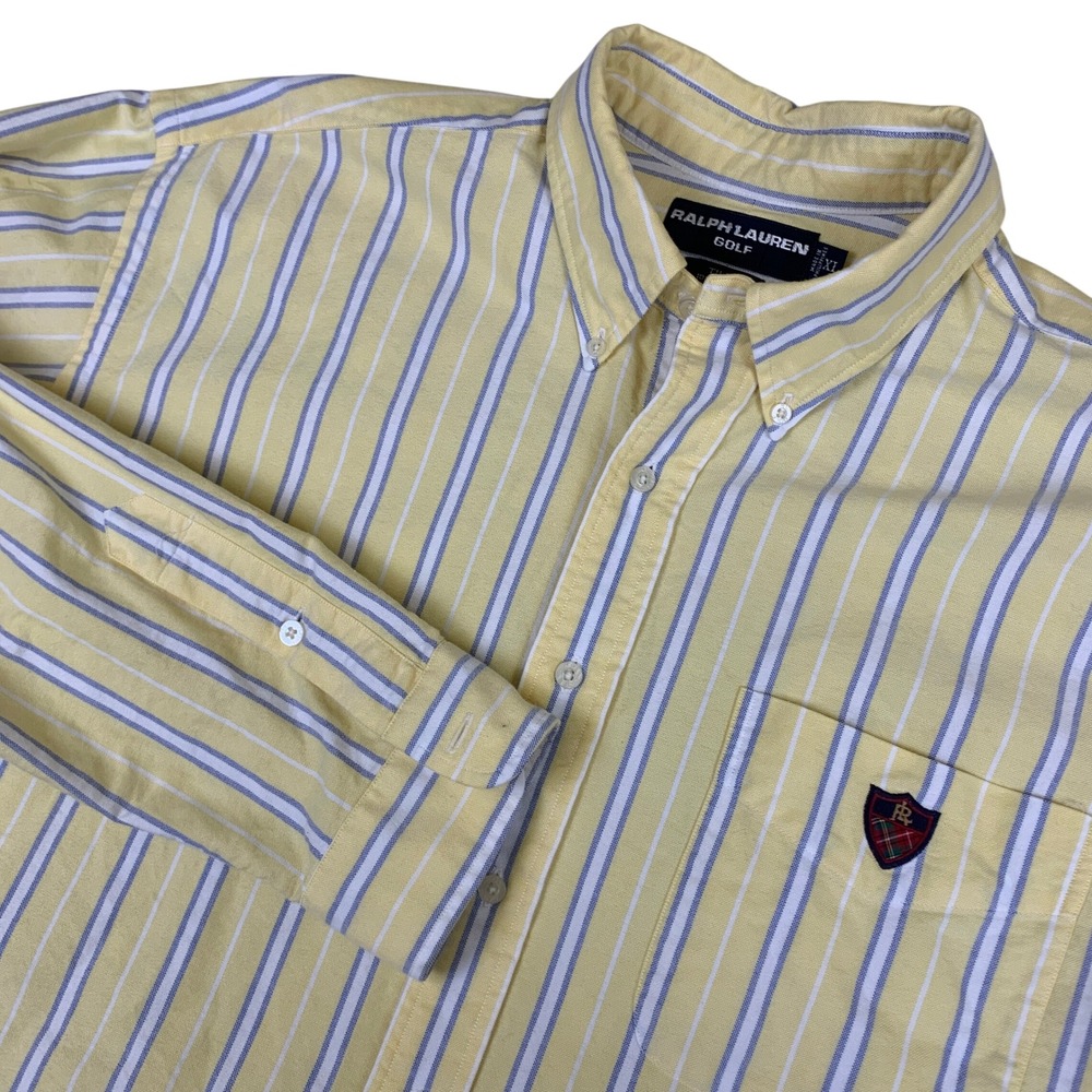 Ralph Lauren Golf Tilden Shirt Mens XL Yellow Blue Striped Cotton Oxford Crest